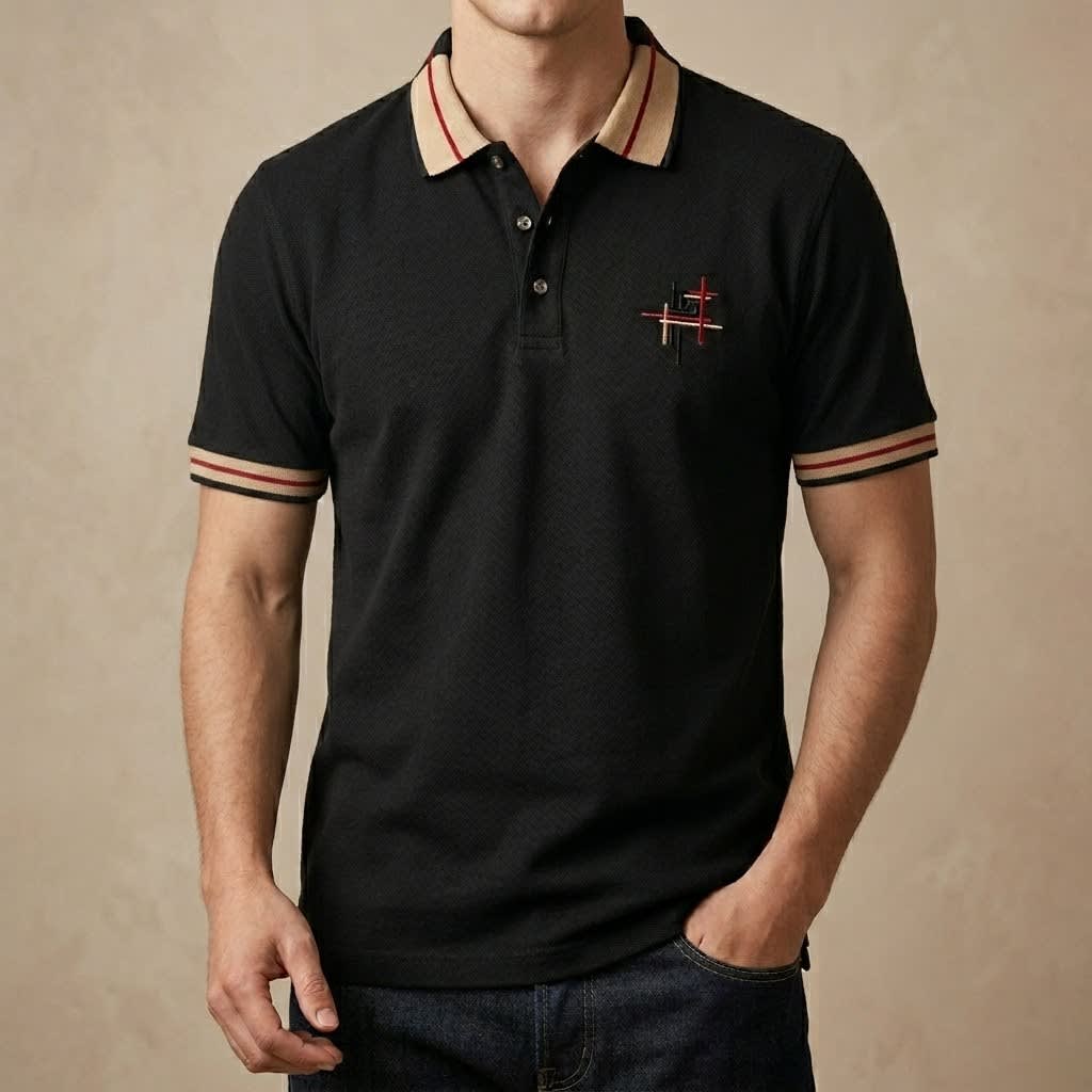 Premium Black Polo Shirt with Contrast Stripes
